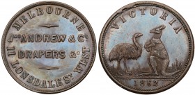 Australia, private issue tokens Melbourne, Victoria. Copper Halfpenny, 1862, JNO ANDREWS & CO. DRAPERS, MELBOURNE 11 LONSDALE ST. WEST, Rev. VICTORIA,...