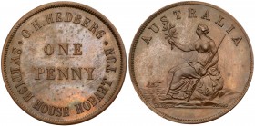 Australia, private issue tokens Hobart, Tasmania. Copper Penny, undated [1860], O.H. HEDBERG, SWEDISH HOUSE, HOBART TON, Rev. AUSTRALIA, seated figure...
