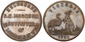 Australia, private issue tokens Melbourne, Victoria. Copper Penny, A.H. HODGSON OUTFITTER &C MELBOURNE 13 LONSDALE ST. WEST, Rev. VICTORIA, kangaroo a...