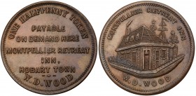 Australia, private issue tokens, Hobart, Tasmania. Copper Halfpenny, undated, MONTPELLIER RETREAT INN, W.D. WOOD, the inn, Rev. ONE HALFPENNY TOKEN PA...
