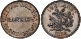 Australia, private issue tokens, Clochjordan, Ireland. Copper Penny, 1858, WILLIAM HODGINS CLOCHJORDAN, Rev. IRELAND 1858, bouquet of British national...