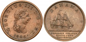 Bahamas, George III (1760-1820). Restrike Proof Penny, 1806, plain edge, Soho Mint, GEORGIUS III. D: G. REX. 1806, head right, Rev. BAHAMA, in exergue...