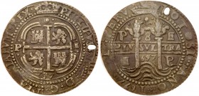 Bolivia, Philip IV of Spain (1621-65). Silver cob 8-Reales Royal, 1657 PE, Potosi, crowned cross of Jerusalem, lions and castles in alternate angles, ...