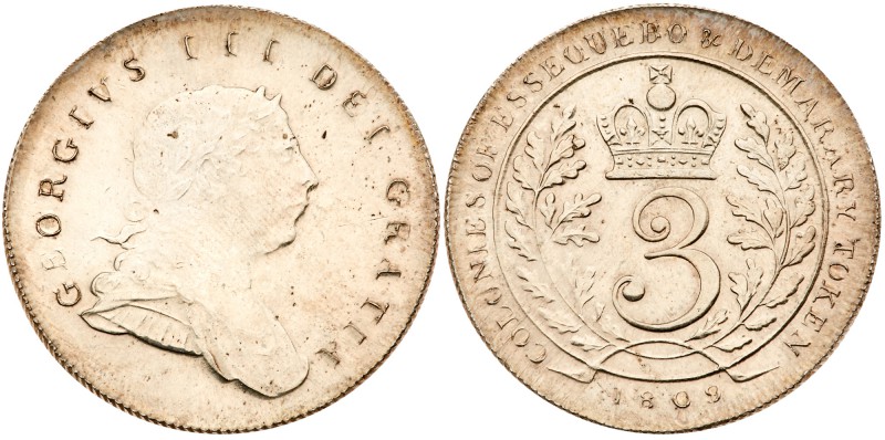 Essequibo & Demerary, George III (1760-1820). Silver 3-Guilder, 1809, Royal Mint...