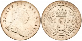 Essequibo & Demerary, George III (1760-1820). Silver 3-Guilder, 1809, Royal Mint, laureate bust right, Rev. crowned 3 within oak leaves, COLONIES OF E...