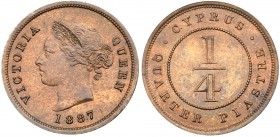 Cyprus, British Colony, Victoria (1837-1901). Bronze &frac14;-Piastre, 1887, Royal Mint, young head left, Rev. denomination (KM 1.1). Good extremely f...