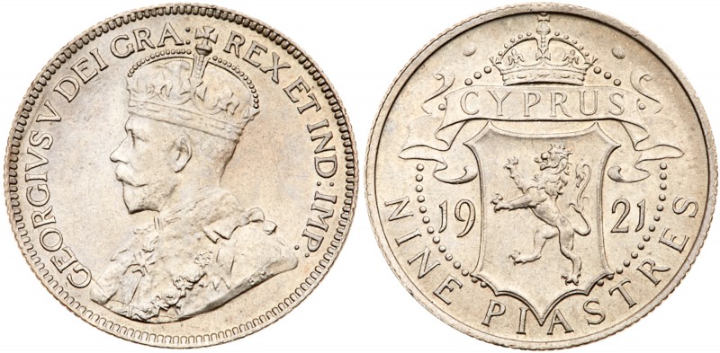 Cyprus, British Colony, George V (1910-36). Silver 9-Piastres, 1921, Royal Mint ...