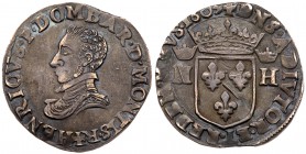 France: Dombes. Henry II de Bourbon-Montpensier (1592-1603). Silver Teston 1603. Bare head with ruff collar left, Rev. Crowned coat of arms between cr...
