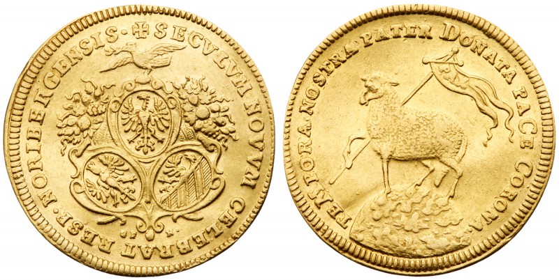 German States: Nuremberg. Gold 2 Ducats, 1700-GFN. Date in chronogram. Three shi...