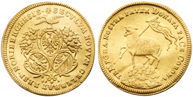 German States: Nuremberg. Gold 2 Ducats, 1700-GFN. Date in chronogram. Three shields of arms. Rev. Paschal lamb on globe, 6.84 g (Fr 1882; KM 259). In...