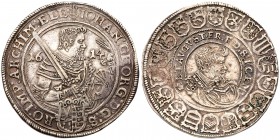 German States: Saxony. Johann Georg I and August of Naumburg (1611-1615). Silver Taler, 1614. 28.95g. Armoured half-length figure with sword and helme...