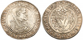 German States: Saxony. Johann Georg I (1615-56). Silver Quarter Taler, 1628-HI. Dresden mint. Half-length figure facing right holding sword over right...