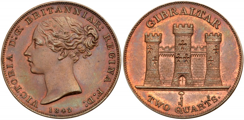 Gibraltar, Victoria (1837-1901). Copper &frac12;-Quart, 1842; &frac12;-Quart, 18...
