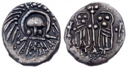 Anglo-Saxon, Secondary Sceattas. Silver Sceat (1.16 g), ca. 710-720/5. Type 30b. East Midlands mint. 'Wodan head' with long beard facing. Reverse: Two...