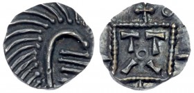 Anglo-Saxon, Continental Sceattas. Silver Sceat (1.08 g), ca. 710-730/50. Series D. Frisian mint, possibly Dorestad. 'Porcupine' right. Reverse: Stand...