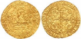 Edward III (1327-1377). Gold Half-Noble of three shillings and four pence, third coinage, third period (1346-1351), armoured King standing facing in s...
