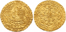 Richard II (1377-99). Gold Noble of six shillings and eight pence, Calais Mint, type 2a, no French title in legend, armoured King standing in ship wit...