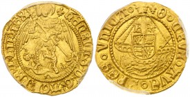 Henry VIII (1509-47). Gold Half-Angel of four shillings, third coinage (1544-47), struck in 23 carat gold, St Michael spearing dragon right, Latin leg...