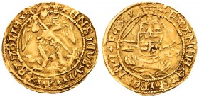 Henry VIII (1509-1547). Gold Quarter-Angel of two shillings, third coinage (1544-47), St Michael slaying dragon right, St Michael wearing tunic, initi...