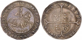 Edward VI (1547-1553). Silver Crown of five shillings, 1551, Fine Silver issue, King on horseback right, date below in Arabic numerals, wire line and ...