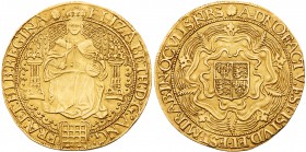 Elizabeth I (1558-1603). Fine gold Sovereign of Thirty Shillings, sixth issue (1583-1600), full facing robed figure of Queen seated on large throne, l...