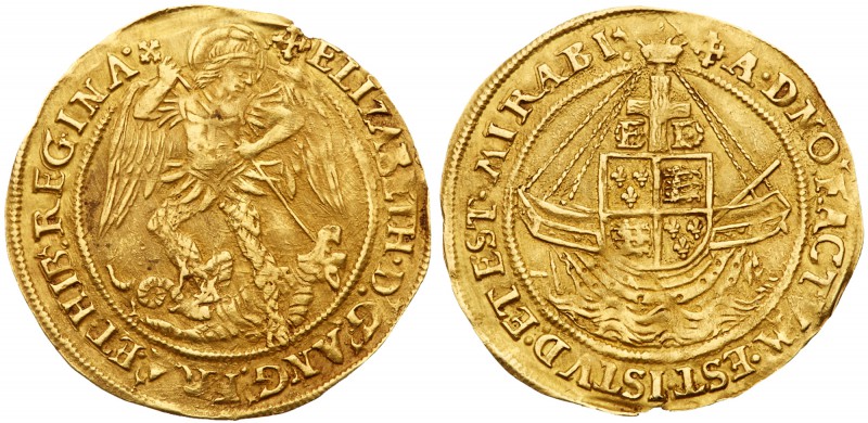 Elizabeth I (1558-1603). Fine gold Angel of ten shillings, first to fourth issue...