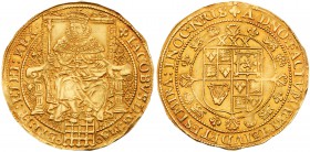 James I (1603-1625). Fine gold Rose Ryal of thirty shillings, Third coinage (1619-25), King in robes seated facing on plain back throne within tressur...