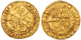 James I (1603-25). Fine gold Half-Angel of five shillings and sixpence, second coinage (1604-19), St Michael slaying dragon right, Latin legend and be...