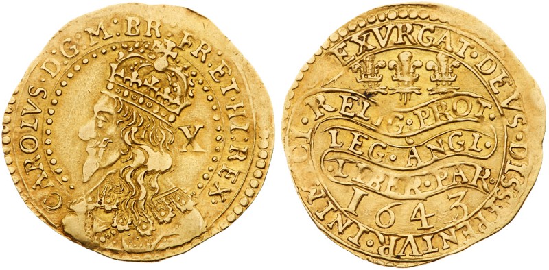Charles I (1625-49). Gold Half Unite or Double Crown of ten shillings, 1643, Oxf...