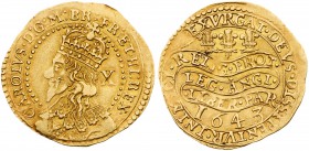 Charles I (1625-49). Gold Half Unite or Double Crown of ten shillings, 1643, Oxford mint, crowned bust of king left to edge of coin, mark of value X b...
