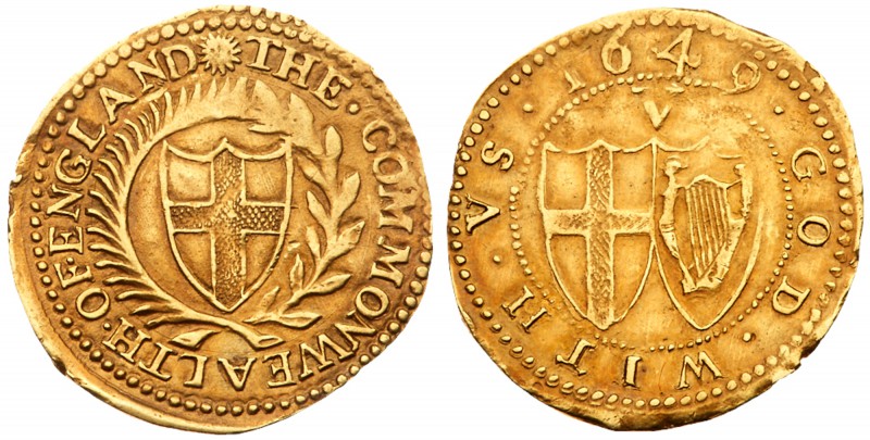 Commonwealth (1649-60). Gold Crown of five shillings, 1649, variety without stop...