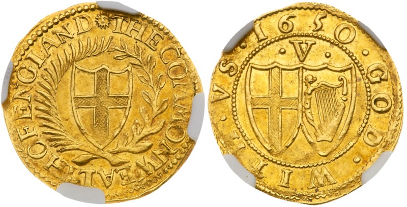 Commonwealth (1649-60). Gold Crown of five shillings, 1650, 50 struck over 49, n...