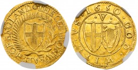 Commonwealth (1649-60). Gold Crown of five shillings, 1650, 50 struck over 49, no stops on obverse, English shield within laurel and palm branch, lege...