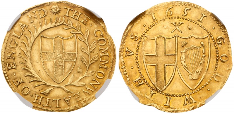 Commonwealth (1649-60). Gold Half-Unite or Double Crown of ten shillings, 1651, ...