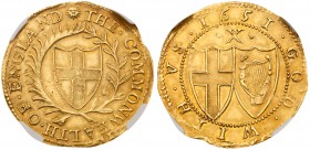 Commonwealth (1649-60). Gold Half-Unite or Double Crown of ten shillings, 1651, the 1 of date struck over 0, variety without stops by mint mark, Engli...