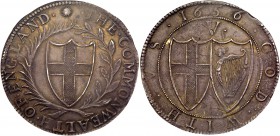 Commonwealth (1649-60). Silver Crown, 1656, second 6 of date struck over 4, English shield within laurel and palm branch, legends in English language,...