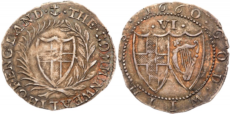 Commonwealth (1649-60). Silver Sixpence, 1660, English shield within laurel and ...