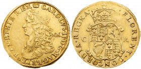 Charles II (1660-85). Gold Unite of twenty shillings, second hammered issue (1661-62), laureate and draped bust left, mark of value XX behind in field...