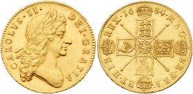 Charles II (1660-85). Gold Five Guineas, 1684, the 4 of date struck over a 3, second laureate head right, Latin legend and toothed border surrounding,...