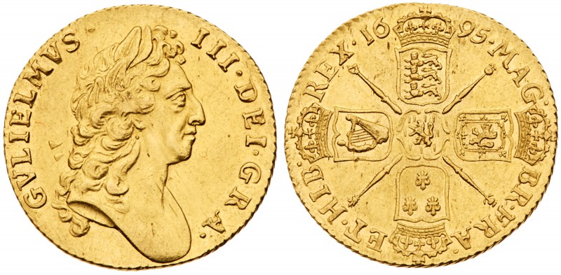 William III (1694-1702). Gold Guinea, 1695, first laureate head right, Latin leg...