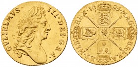 William III (1694-1702). Gold Guinea, 1695, first laureate head right, Latin legend and toothed border surrounding both sides, GVLIELMVS. III. DEI. GR...