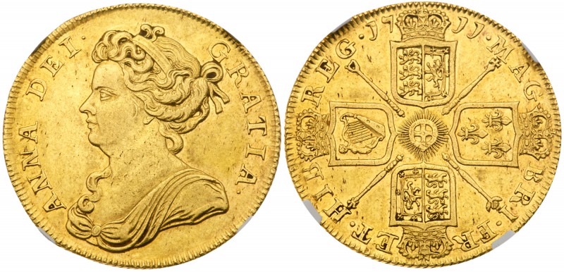 Anne (1702-14). Gold Two Guineas, 1711, draped bust left, Latin legend and tooth...
