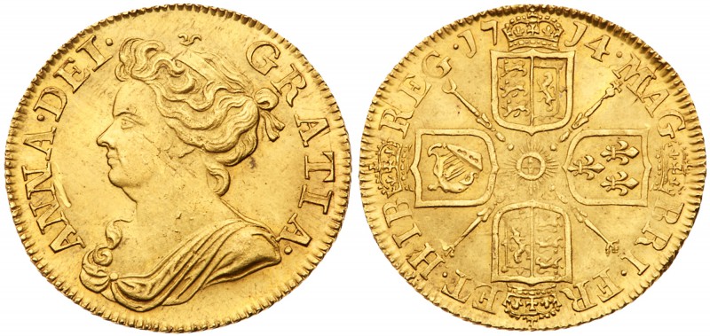 Anne (1702-14). Gold Guinea, 1714, Post-Union, third draped bust left, legend su...