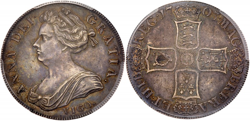 Anne (1702-14). Silver Crown, 1703, VIGO. below first draped bust left, Latin le...