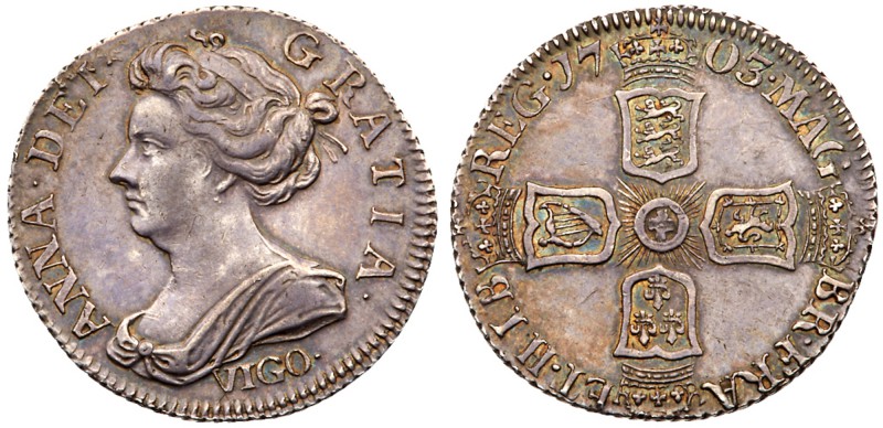 Anne (1702-14), Silver Pre-Union Sixpence, 1703. VIGO, below draped bust left, L...