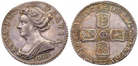 Anne (1702-14), Silver Pre-Union Sixpence, 1703. VIGO, below draped bust left, Latin legend and toothed border surrounding, ANNA.DEL.GRATIA. Rev. Pre-...