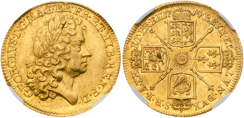 George I (1714-27). Gold Guinea, 1714 "Prince Elector" type, first laureate head...