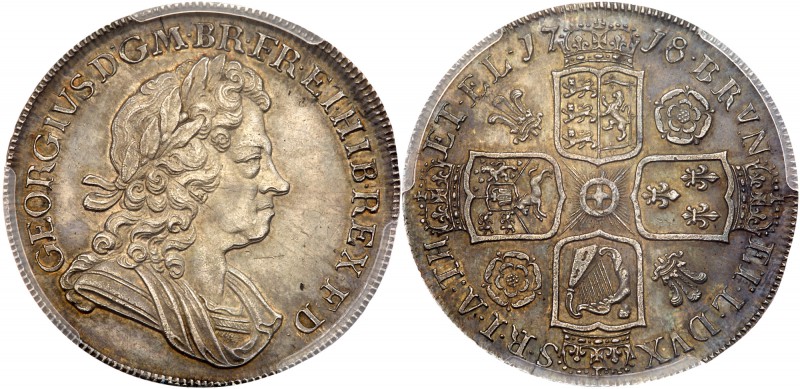 George I (1714-27). Silver Crown, 1718, 8 struck over 6 in date, laureate and dr...
