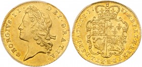 George II (1727-60). Gold Guinea, 1731, second young laureate head left, legend small lettering both sides of coin, GEORGIVS.II. DEI.GRATIA., Rev. sec...