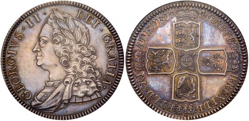 George II (1727-60). Silver Proof Crown, 1746, older laureate and draped bust le...